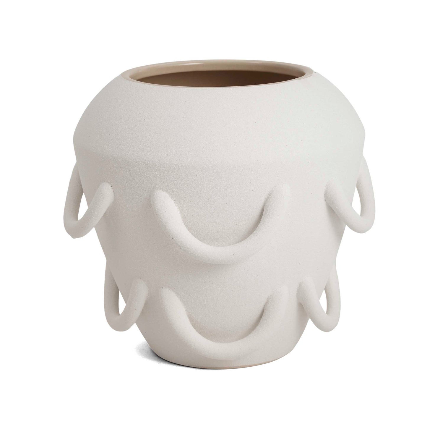 Vaso de cerâmica contemporâneo de cor branca com design exclusivo de ondas em relevo, ideal para plantas de interior, adicionando um toque moderno e artístico a qualquer espaço doméstico ou escritório.