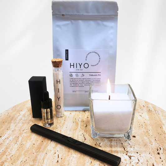 Kit Vela em Pó Aromática Hiyo + Essência + Acendedor Elétrico + Recipiente + Pavios