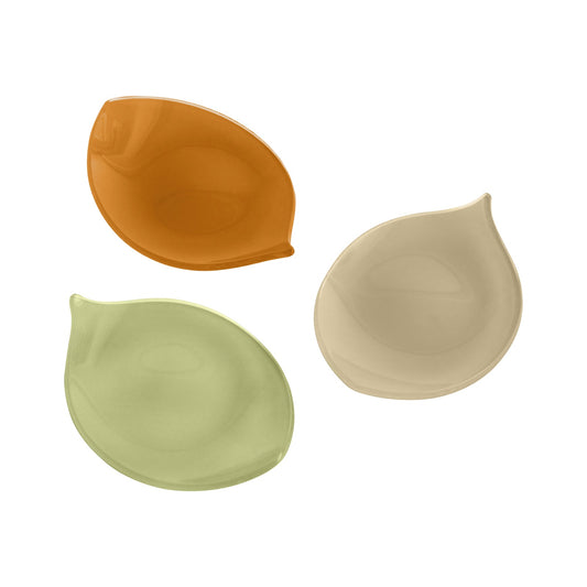 Conjunto de 3 Porta-aperitivos em vidro folhas Oliva da Hiyo em terracota e amêndoa, peças artesanais para mesa posta