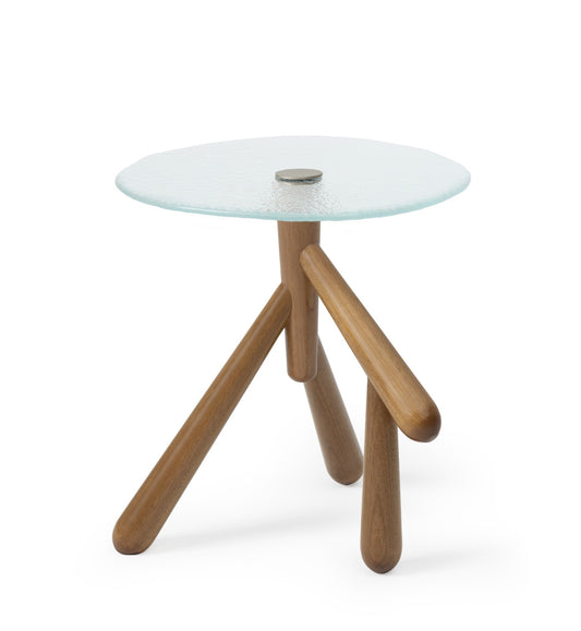 Mesa Lateral Decorativa Poty em Madeira Damasco com Vidro Transparente e Metal Ouro